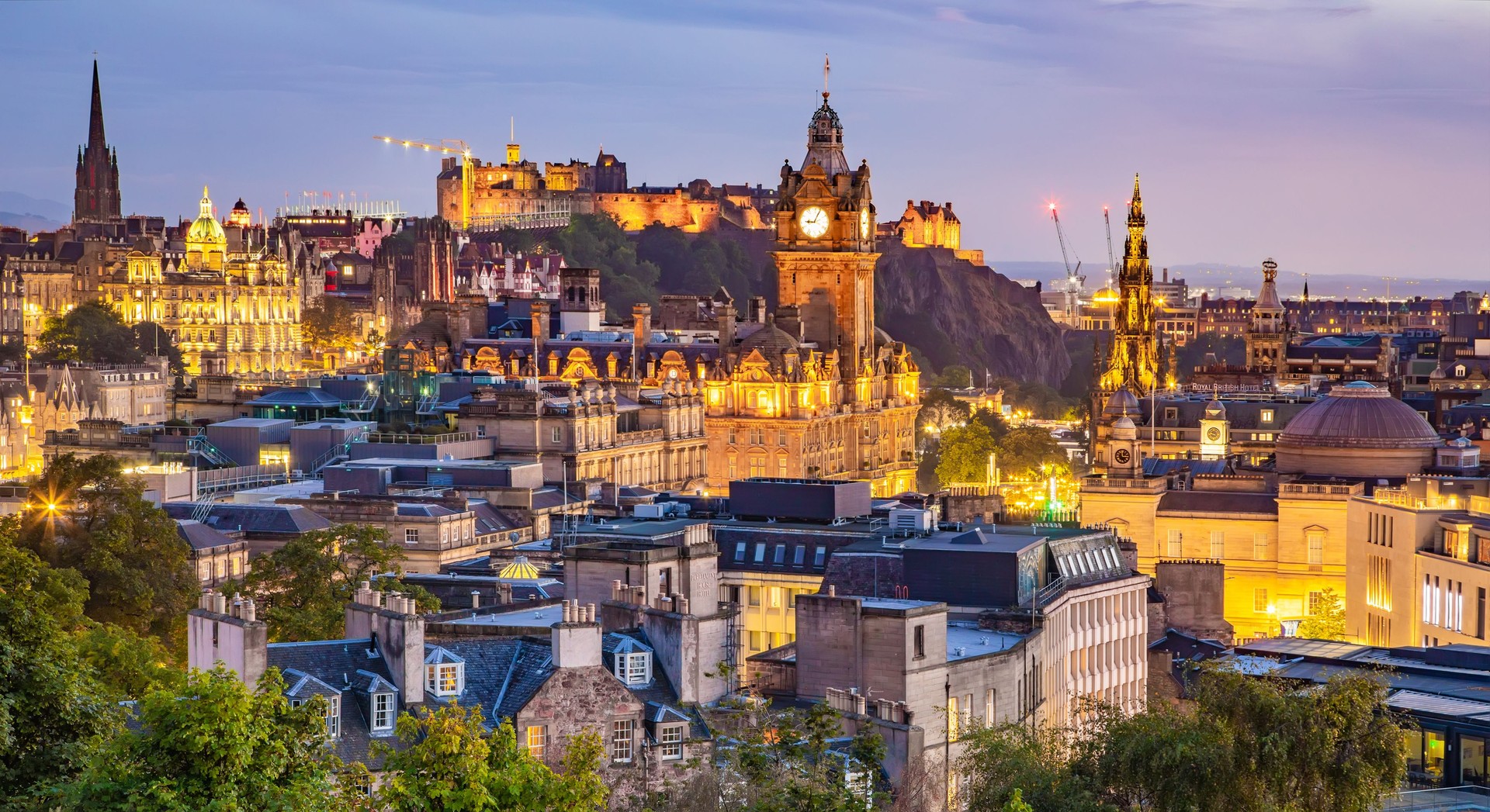 Edinburgh skyline after sunset, view from Calton Hill,  by cruise  passengers